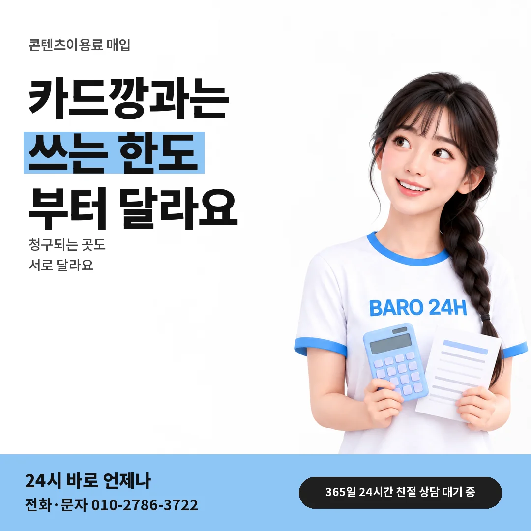 BARO 24H 티셔츠를 입은 3D 인물 옆에 「카드깡과 매입의 차이」 제목을 얹은 안내 카드
